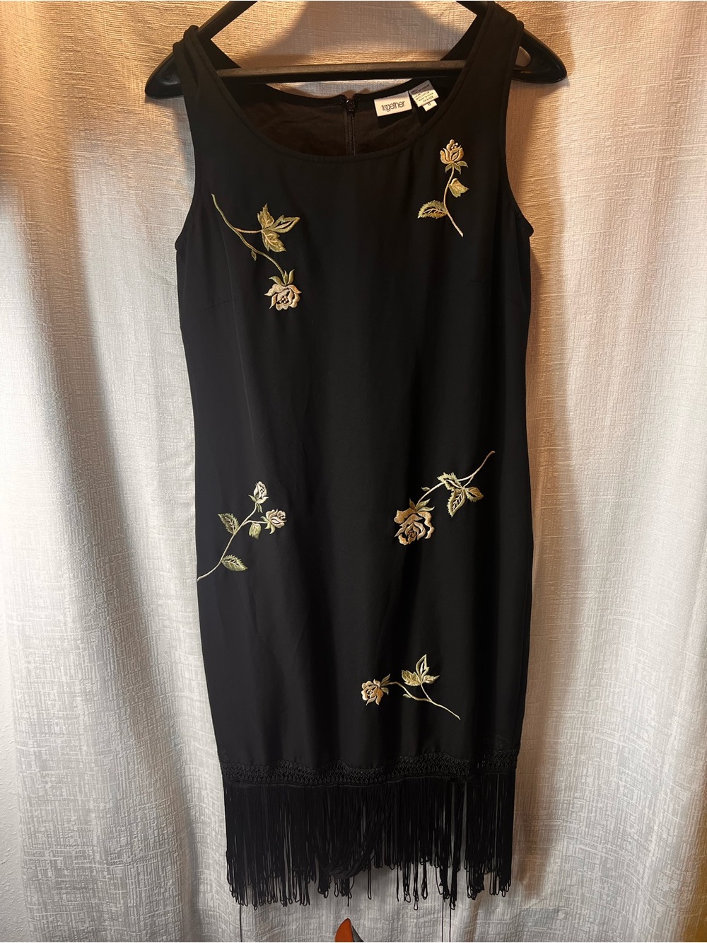 Together Black Sleeveless Fringe Dress with Gold Rose Embroidery SIZE 6